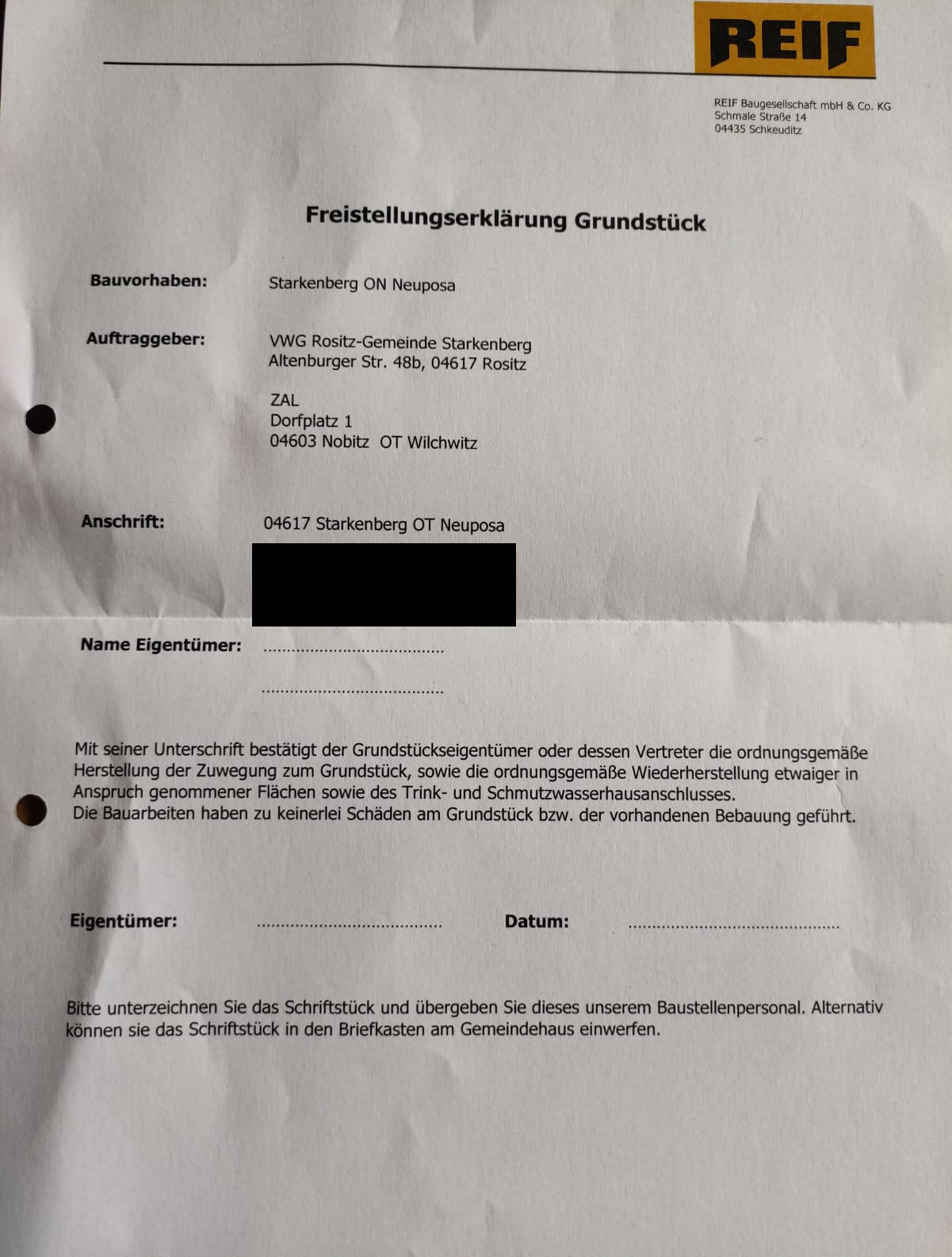 Freistellungserklärung der Baufirma